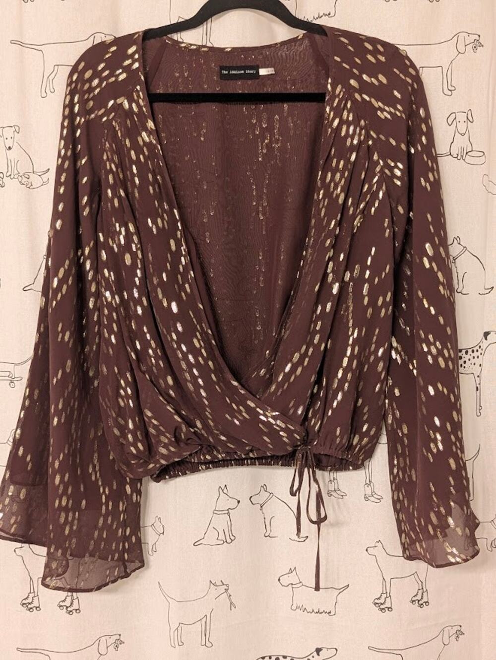 Top Womens S Burgundy Gold Faux Wrap Bubble Sheer Y2K Whimsygoth Boho Chic Glam